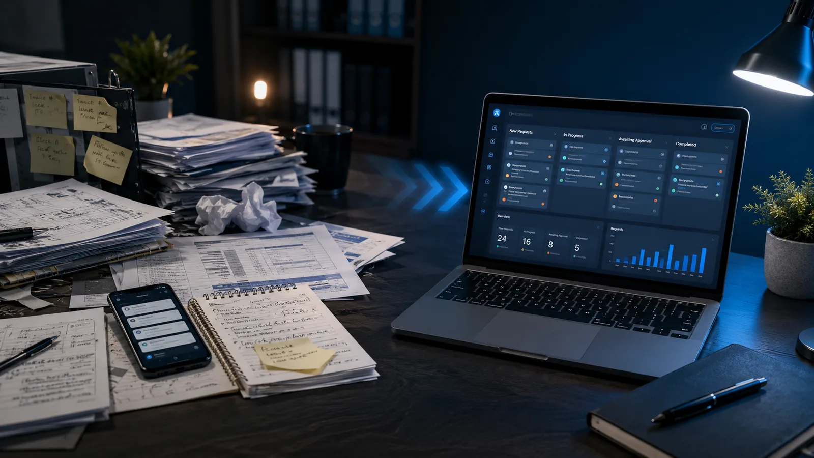 A cluttered manual workflow becoming a clear custom operations dashboard