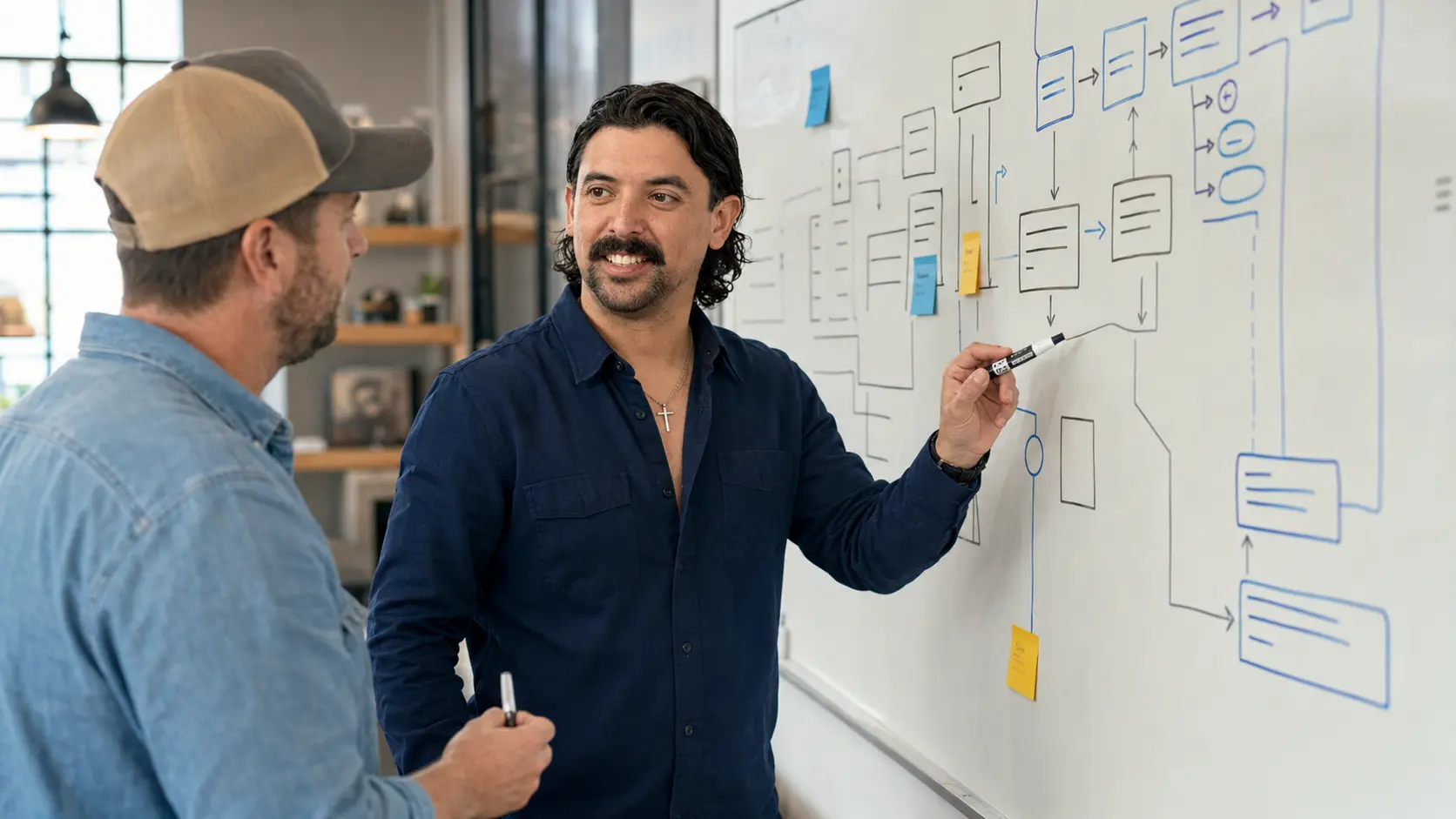 A business workflow being mapped at a whiteboard